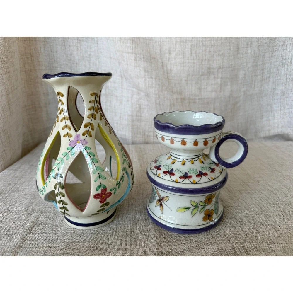 Brilho e Arte Candle Holder Portugal Ceramic Blue Floral Vintage Excellent